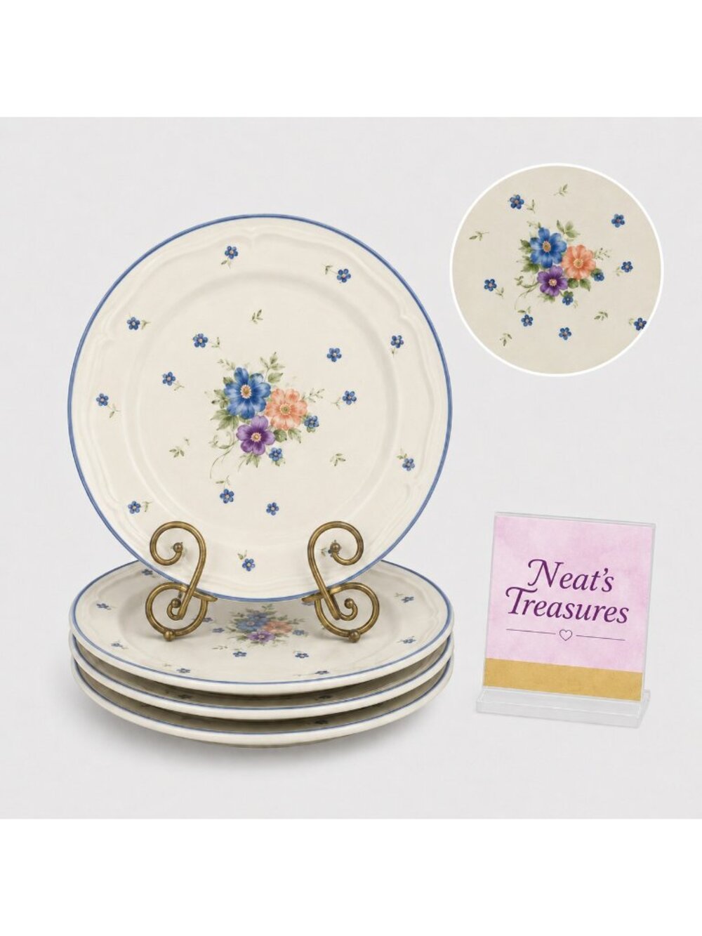 80s JMP Marketing PROVINCIAL BOUQUET Center Flowers Stoneware Dinner Plate Set 4